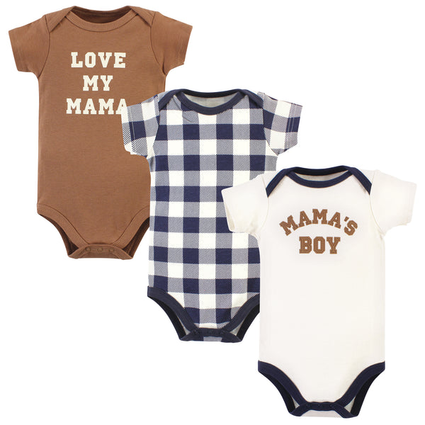 Hudson Baby Infant Boy Cotton Bodysuits, Brown Navy Mamas Boy 3-Pack