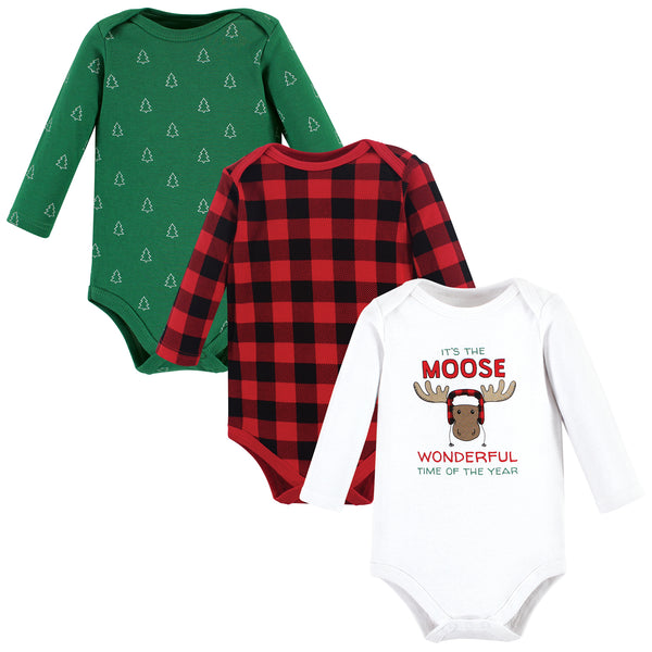 Hudson Baby 3-Pack Cotton Long-Sleeve Bodysuits, Buffalo Christmoose