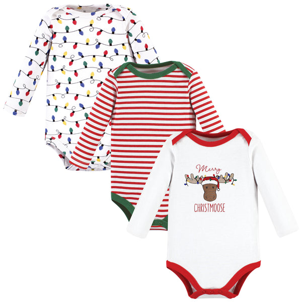 Hudson Baby Cotton Long-Sleeve Bodysuits, White Christmoose 3-Pack