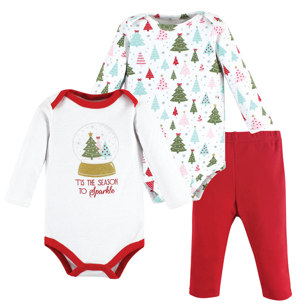 Hudson Baby Infant Girl Long-Sleeve Bodysuits and Pants, Red Sparkle Trees