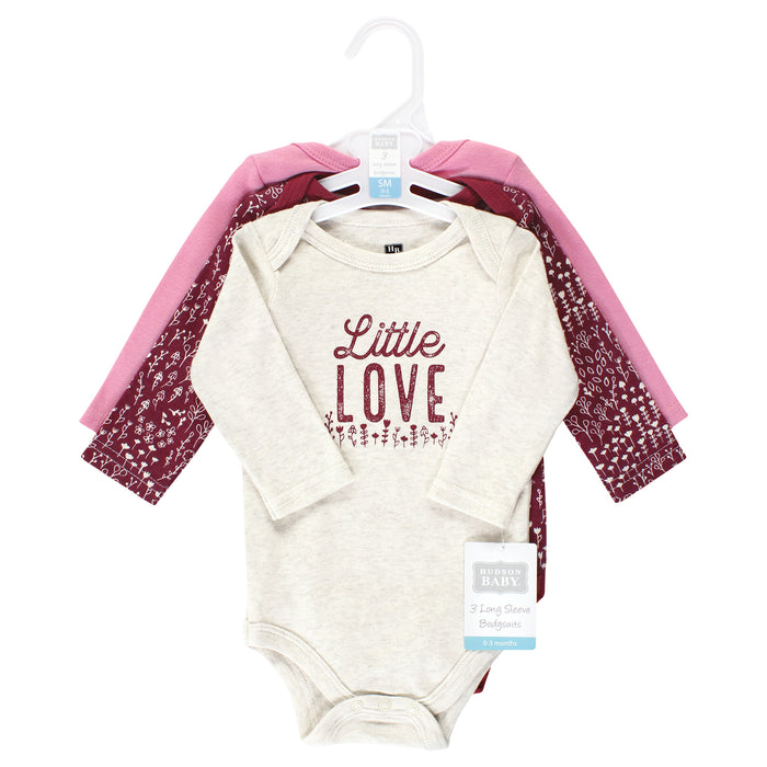 Hudson Baby Infant Girl Cotton Long-Sleeve Bodysuits, Little Love Flowers 3 Pack