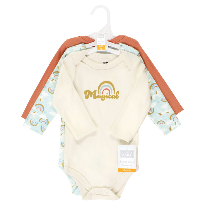 Hudson Baby Infant Girl Cotton Long-Sleeve Bodysuits, Magical Rainbow 3 Pack