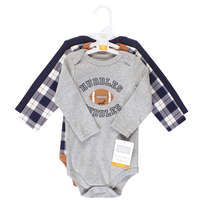 Hudson Baby Infant Boy Cotton Long-Sleeve Bodysuits, Football Huddles 3-Pack