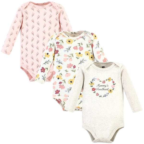 Hudson Baby Infant Girl Cotton Long-Sleeve Bodysuits, Soft Painted Floral