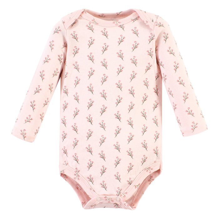 Hudson Baby Infant Girl Cotton Long-Sleeve Bodysuits, Soft Painted Floral