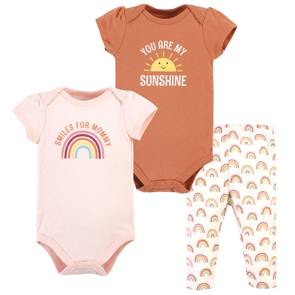 Hudson Baby Infant Girl Cotton Bodysuit and Pant Set, Sunshine Rainbows Short-Sleeve