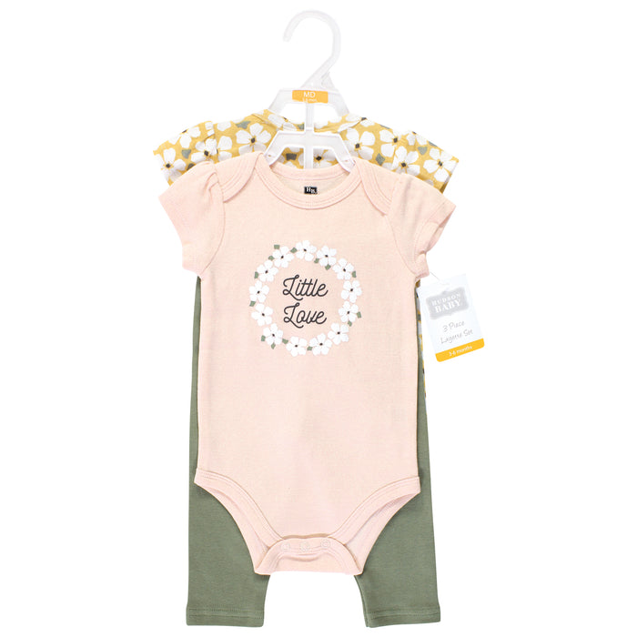 Hudson Baby Infant Girl Cotton Bodysuit and Pant Set, Sage Floral Wreath
