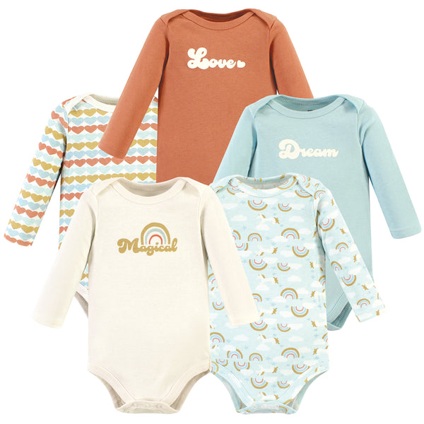 Hudson Baby Infant Girl Cotton Long-Sleeve Bodysuits, Magical Rainbow 5 Pack