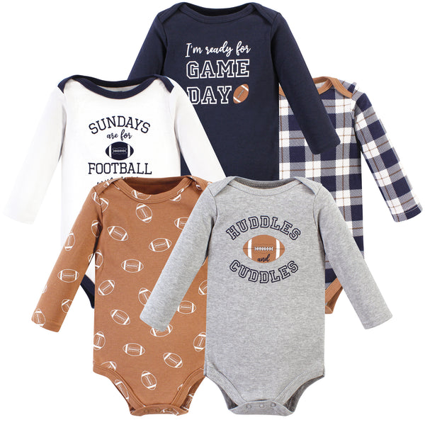 Hudson Baby Infant Boy Cotton Long-Sleeve Bodysuits, Football Huddles 5-Pack