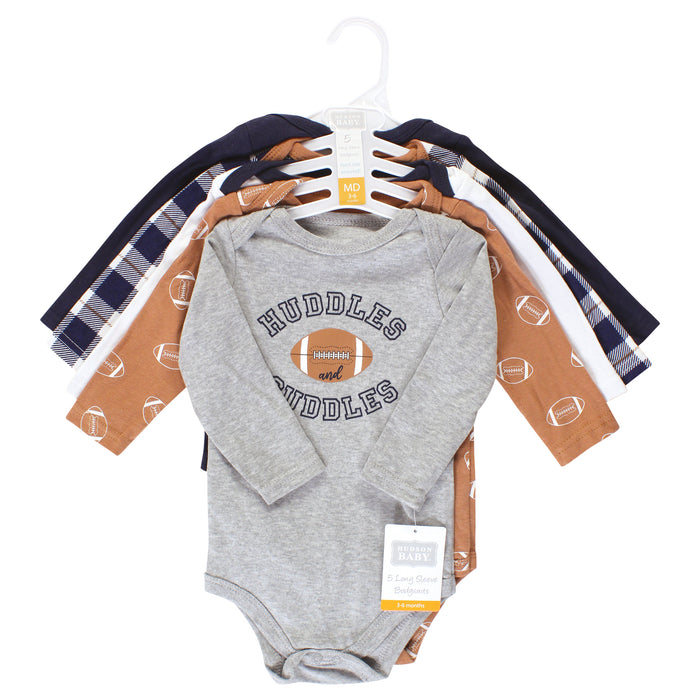 Hudson Baby Infant Boy Cotton Long-Sleeve Bodysuits, Football Huddles 5-Pack