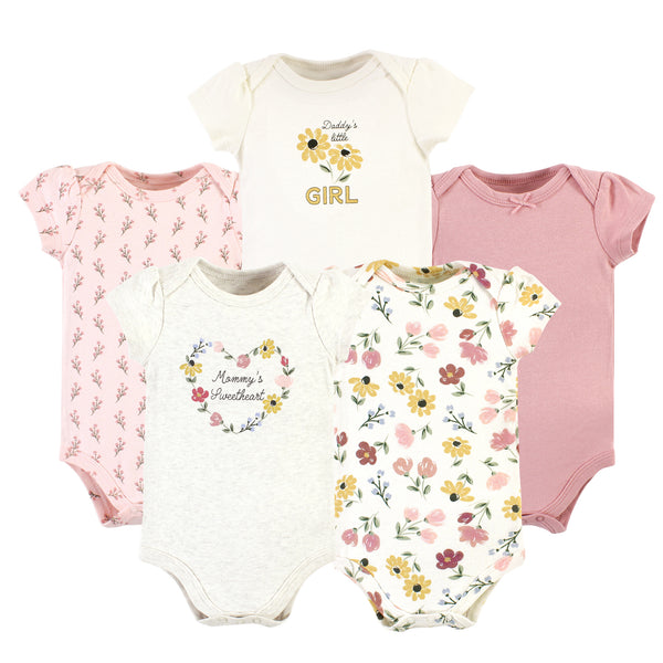 Hudson Baby Infant Girl Cotton Bodysuits, Soft Painted Floral 5-Pack