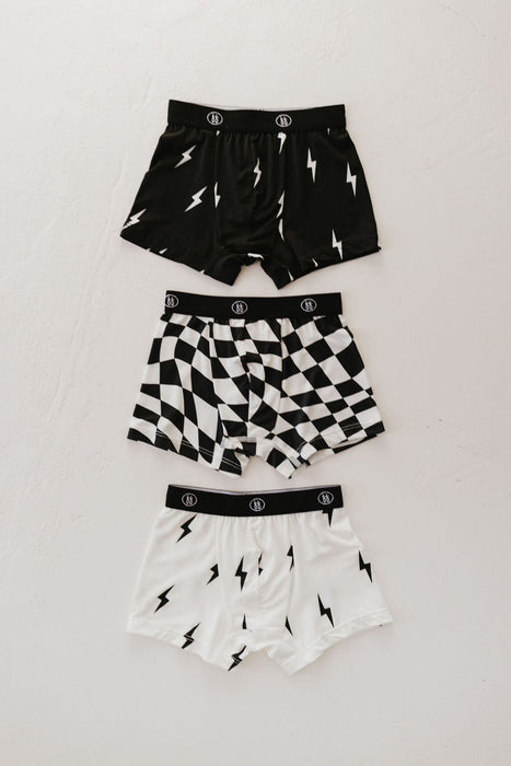 forever french baby Bamboo Boxers (3 Pack) | Black and White Lightning Bolt & Wavy Checkerboard