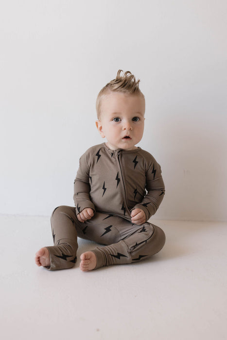 forever french baby Bamboo Zip Pajamas | Brown & Black Lightning Bolt