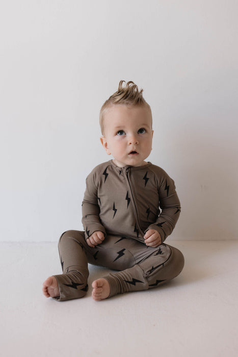 forever french baby Bamboo Zip Pajamas | Brown & Black Lightning Bolt