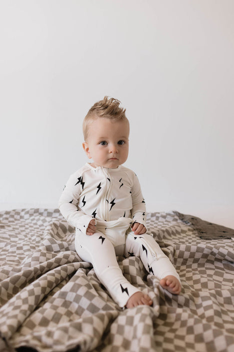 forever french baby Bamboo Zip Pajamas | White & Black Lightning Bolt