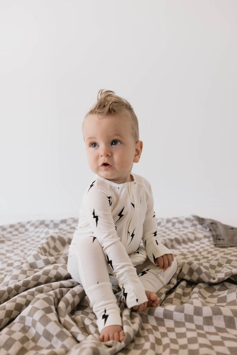 forever french baby Bamboo Zip Pajamas | White & Black Lightning Bolt