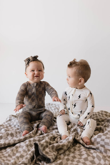 forever french baby Bamboo Zip Pajamas | White & Black Lightning Bolt