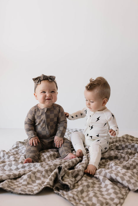 forever french baby Bamboo Zip Pajamas  | Faded Brown Checkerboard