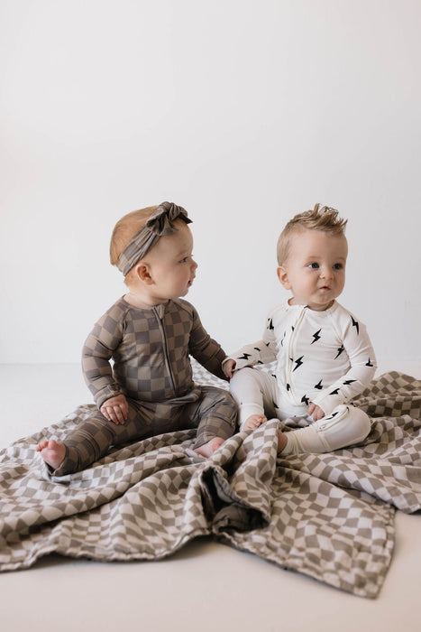 forever french baby Bamboo Zip Pajamas  | Faded Brown Checkerboard