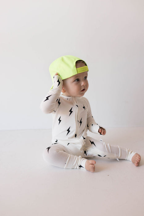 forever french baby Bamboo Zip Pajamas | White & Black Lightning Bolt