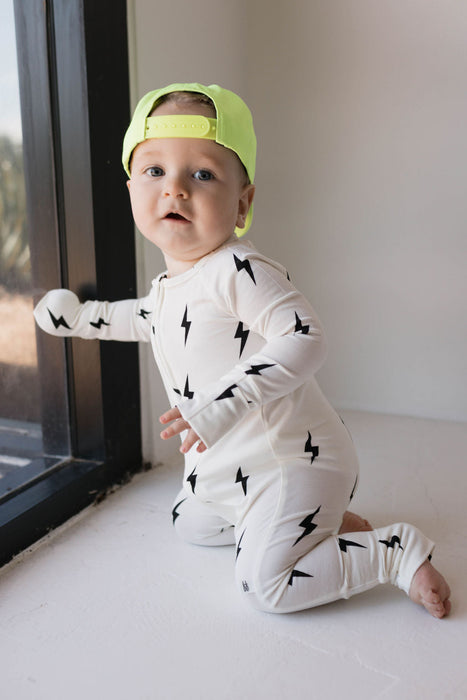 forever french baby Bamboo Zip Pajamas | White & Black Lightning Bolt