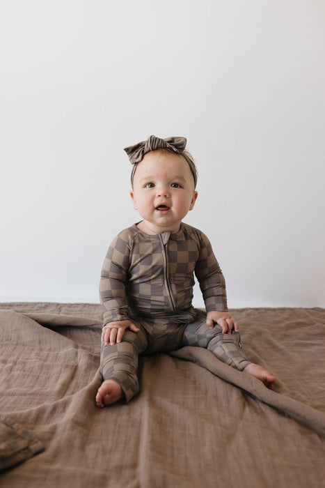 forever french baby Bamboo Zip Pajamas  | Faded Brown Checkerboard