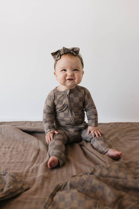 forever french baby Bamboo Zip Pajamas  | Faded Brown Checkerboard