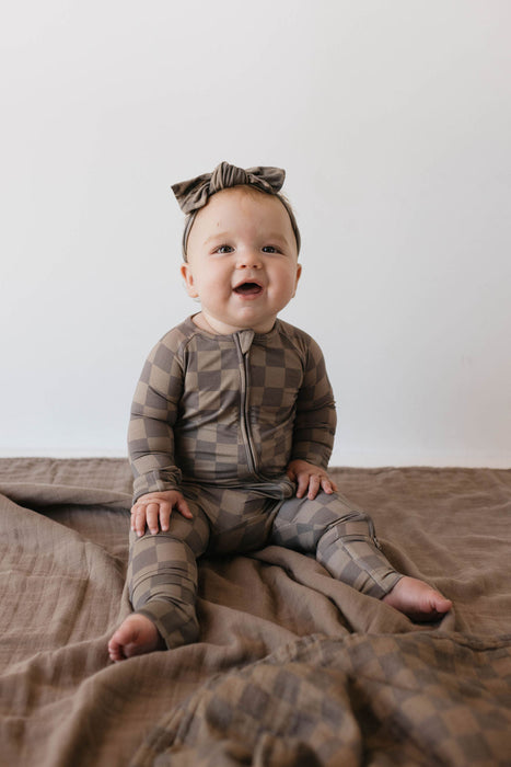 forever french baby Bamboo Zip Pajamas  | Faded Brown Checkerboard