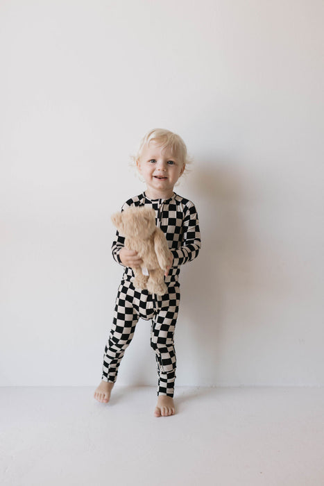 forever french baby Bamboo Zip Pajamas | Black Checkerboard