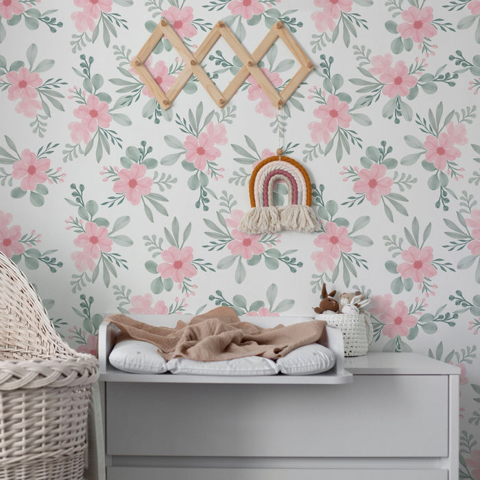 TeepeeJoy Flower Wallpaper for Nursery and Kids Rooms - Blush Blossom Serenity