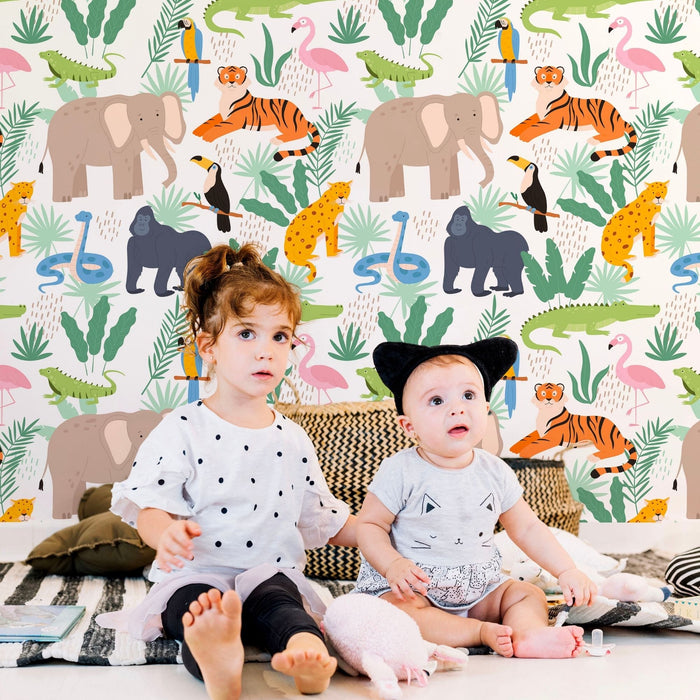 TeepeeJoy Jungle Themed Nursery Wallpaper and Kids Room Wallpaper - Jungle Jamboree