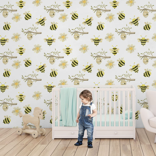 TeepeeJoy Bee Themed Nursery Wallpaper and Kids Room Wallpaper - Honeybee Garden Waltz