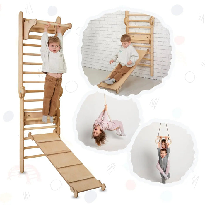 Goodevas 4in1 Climbing Set: Wooden Swedish Wall + Swing Set + Slide Board + Triangle Ladder