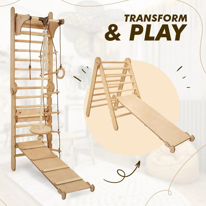 Goodevas 4in1 Climbing Set: Wooden Swedish Wall + Swing Set + Slide Board + Triangle Ladder