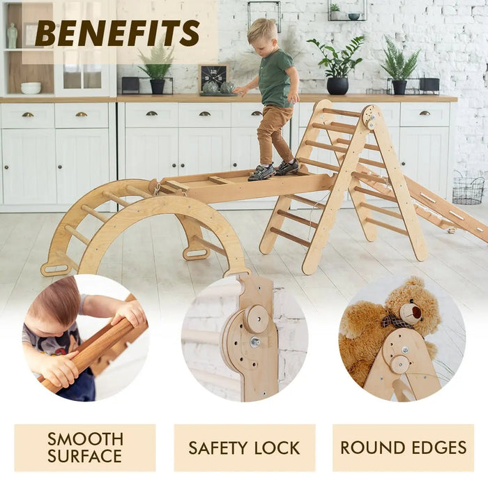 Goodevas 4in1 Montessori Climbing Frame Set: Triangle Ladder + Arch/Rocker + Slide Board/Ramp + Netting rope