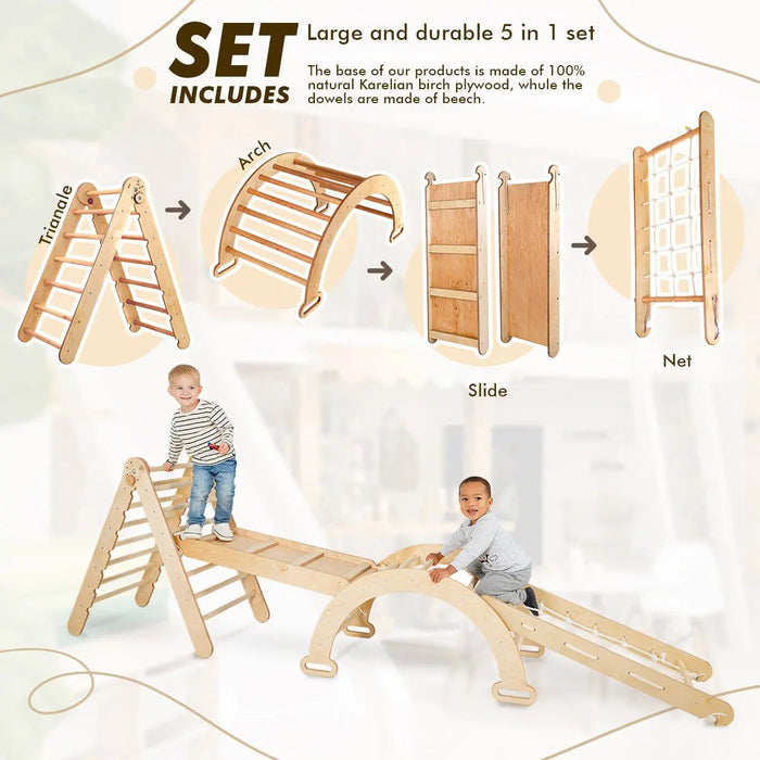 Goodevas 4in1 Montessori Climbing Frame Set: Triangle Ladder + Arch/Rocker + Slide Board/Ramp + Netting rope