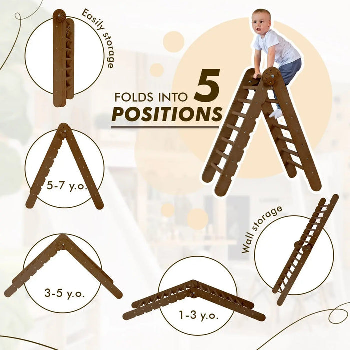 Goodevas 4in1 Montessori Climbing Set: Triangle Ladder + Arch/Rocker + Slide Board/Ramp + Net – Chocolate