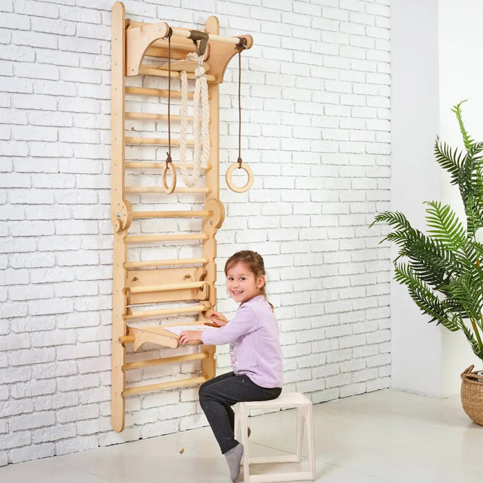 Goodevas 4in1 Wooden Swedish Wall / Climbing ladder for Children + Swing Set + Slide Board + Art Add-on