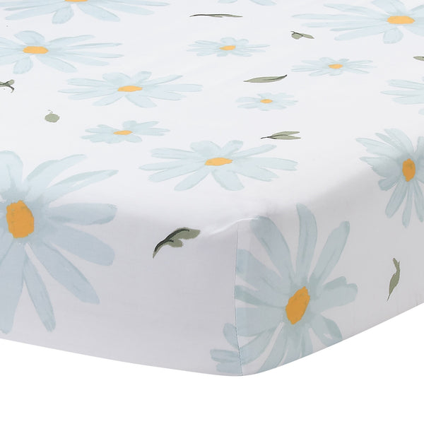 Lambs & Ivy Sweet Daisy 100% Cotton White/Blue Floral Fitted Crib Sheet