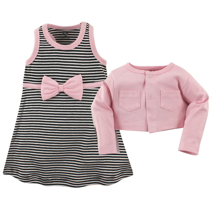 Hudson Baby Girls Cotton Dress and Cardigan 2 Piece Set, Light Pink Black