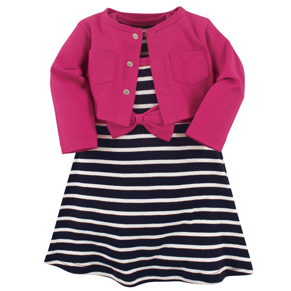 Hudson Baby Girls Cotton Dress and Cardigan 2 Piece Set, Berry Navy