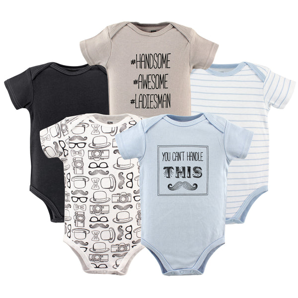 Hudson Baby Infant Boy Cotton Bodysuits 5 Pack, Mustache