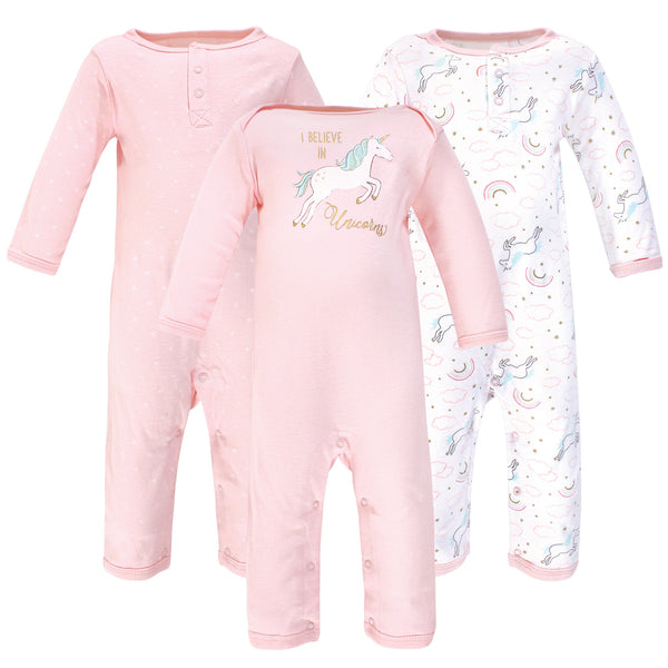 Hudson Baby Infant Girl Cotton Coveralls 3 Pack, Glitter Unicorn