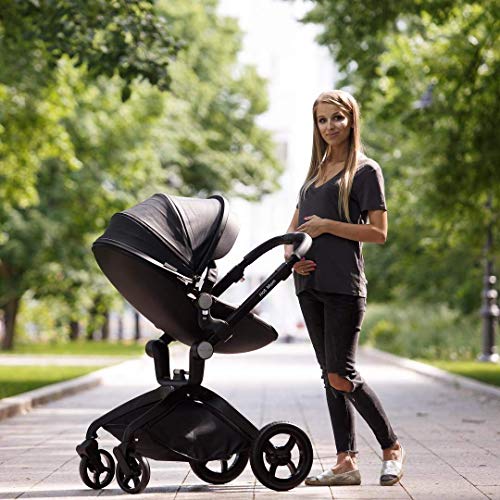 Hot Mom Baby Stroller: Height-Adjustable Seat and Reclining Baby Carriage in Black