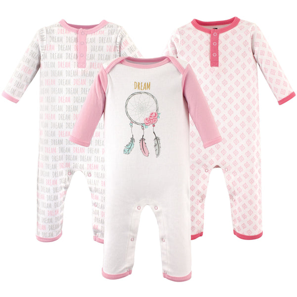 Hudson Baby Infant Girl Cotton Coveralls 3 Pack, Dream Catcher