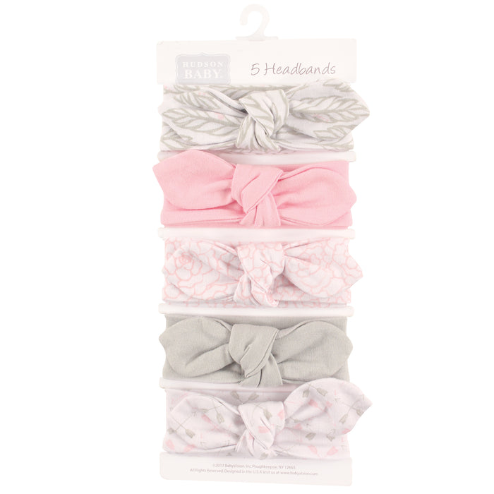Hudson Baby Infant Girl Cotton Headbands 5-Pack, Gray Feather, 0-24 Months