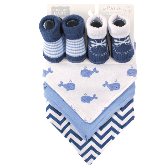 Hudson Baby Infant Boy Cotton Bib and Sock Set 5 Pack, Whale, One Size