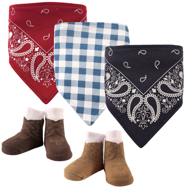 Hudson Baby Infant Boy Cotton Bib and Sock Set 5 Pack, Cowboy, One Size