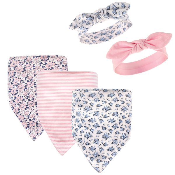 Hudson Baby Infant Girl Cotton Bib and Headband Set 5 Pack, Classic Floral, One Size