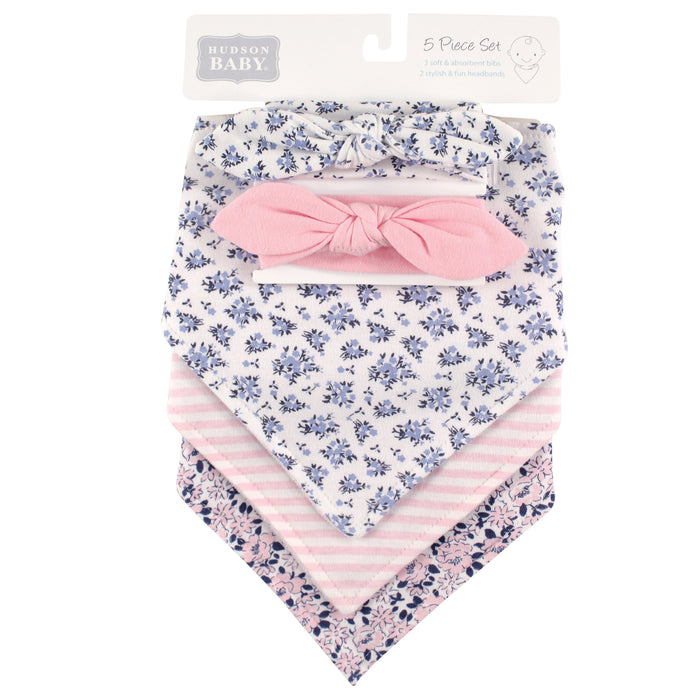 Hudson Baby Infant Girl Cotton Bib and Headband Set 5 Pack, Classic Floral, One Size